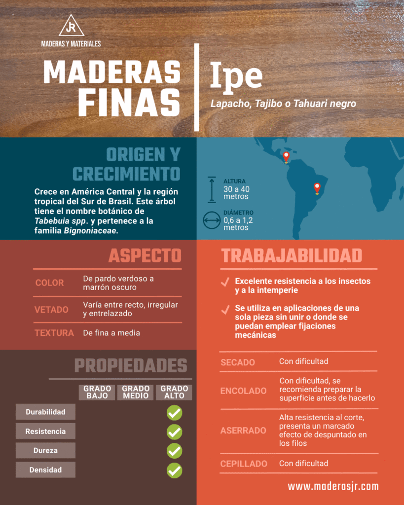 Infografía sobre la madera fina: ipe | Imagen hecha desde Canva, por Maderas y Materiales JR